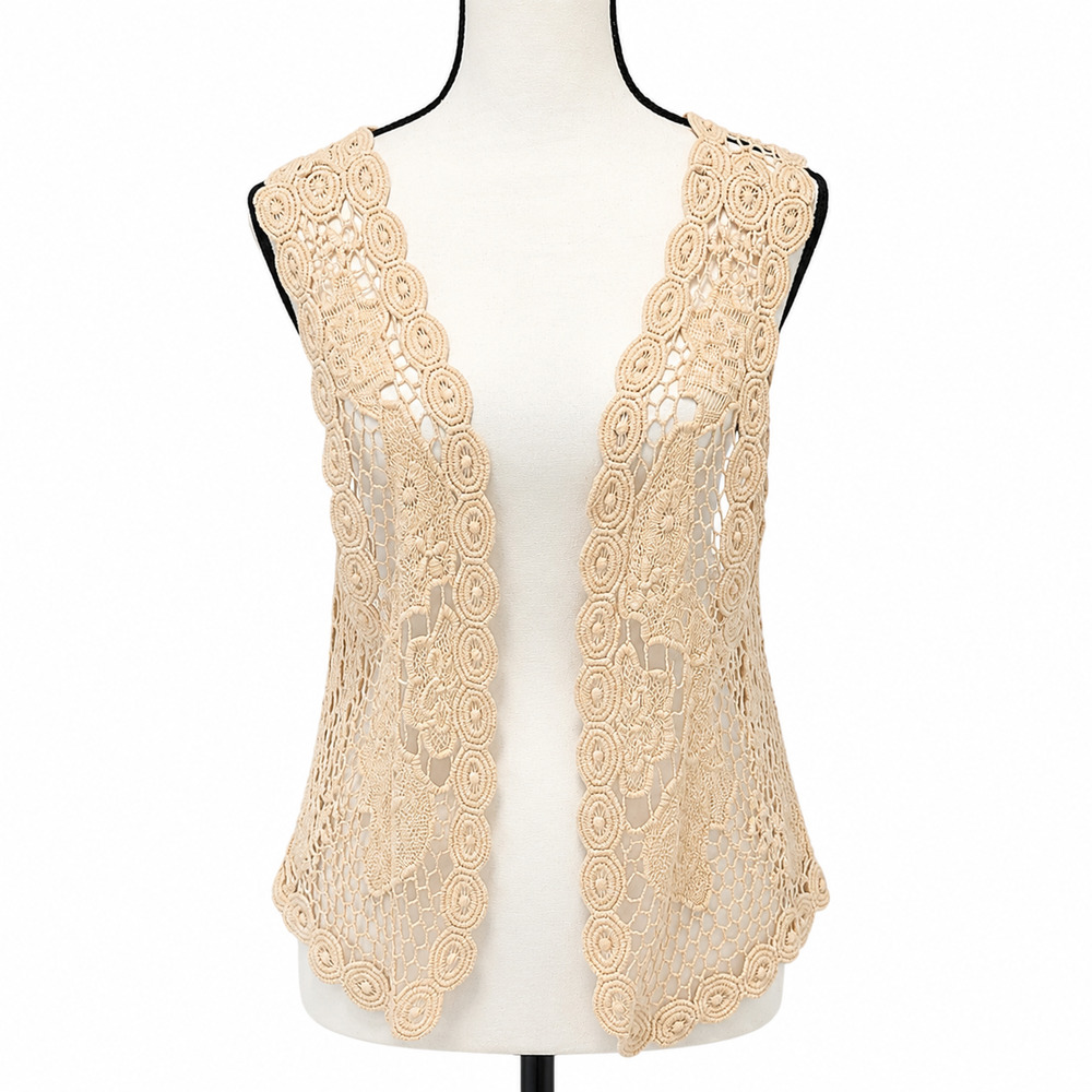 Soul Cake Crochet Lace Vest Womens Size L/XL Tan 100% Cotton Bohemian Festival